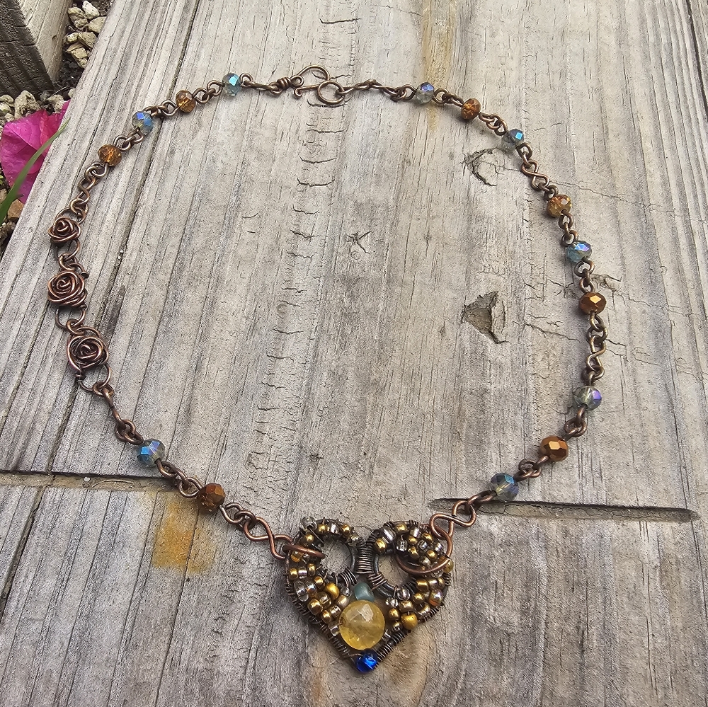 Copper Wire Wrapped Beaded Heart Pendant Chain Link Necklace